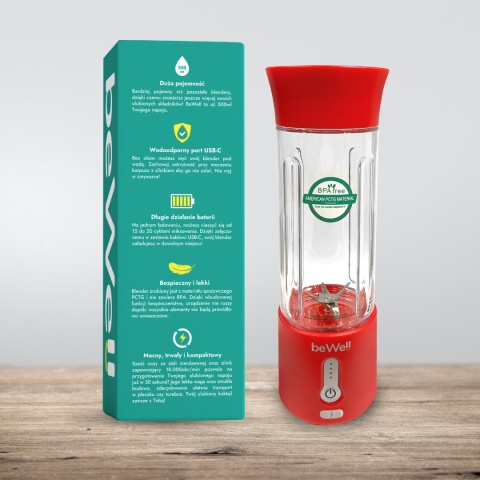 Blender kielichowy beWell Plus bezprzewodowy czerwony 500ml Blender kielichowy beWell Plus bezprzewodowy czerwony 500ml
