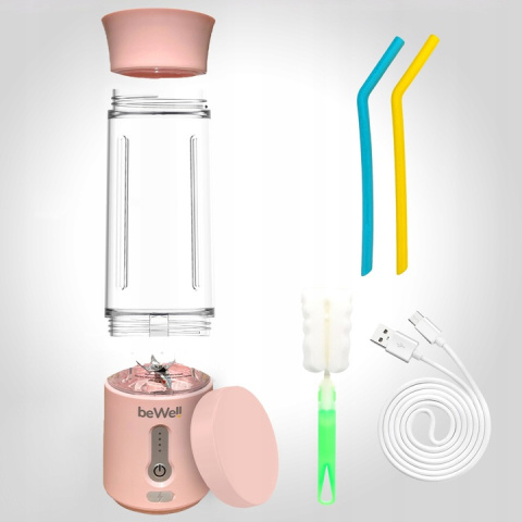 Blender kielichowy beWell Plus bezprzewodowy pudrowy róż 500ml Blender kielichowy beWell Plus bezprzewodowy pudrowy róż 500ml