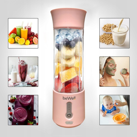 Blender kielichowy beWell Plus bezprzewodowy pudrowy róż 500ml Blender kielichowy beWell Plus bezprzewodowy pudrowy róż 500ml