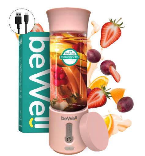 Blender kielichowy beWell Plus bezprzewodowy pudrowy róż 500ml Blender kielichowy beWell Plus bezprzewodowy pudrowy róż 500ml