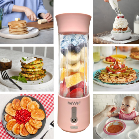 Blender kielichowy beWell Plus bezprzewodowy pudrowy róż 500ml Blender kielichowy beWell Plus bezprzewodowy pudrowy róż 500ml